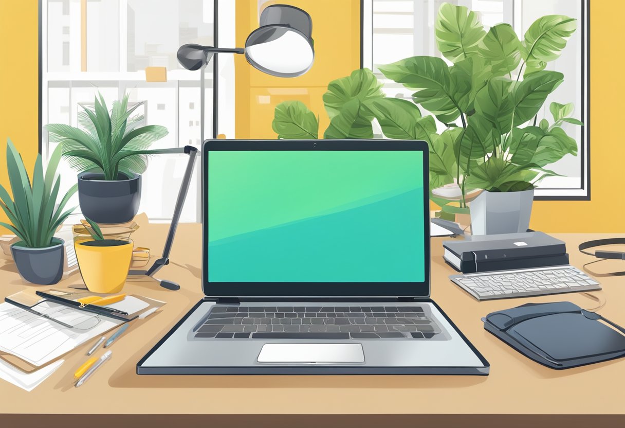 A laptop displaying "technorozen.com" with 10 business ideas. A desk with office supplies and a plant. Bright, modern, and professional