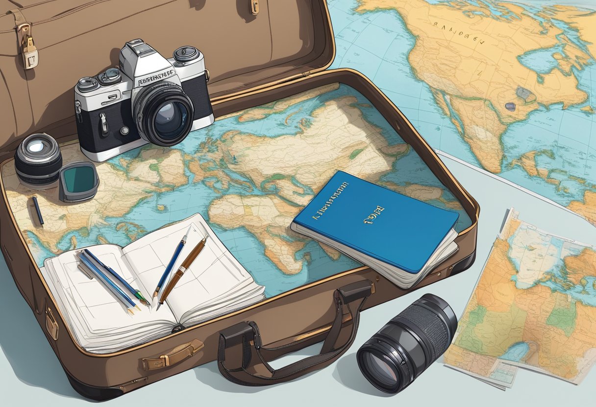 A suitcase packed with travel essentials sits next to a world map and a journal filled with notes and sketches. A camera and passport lay nearby, ready for adventure