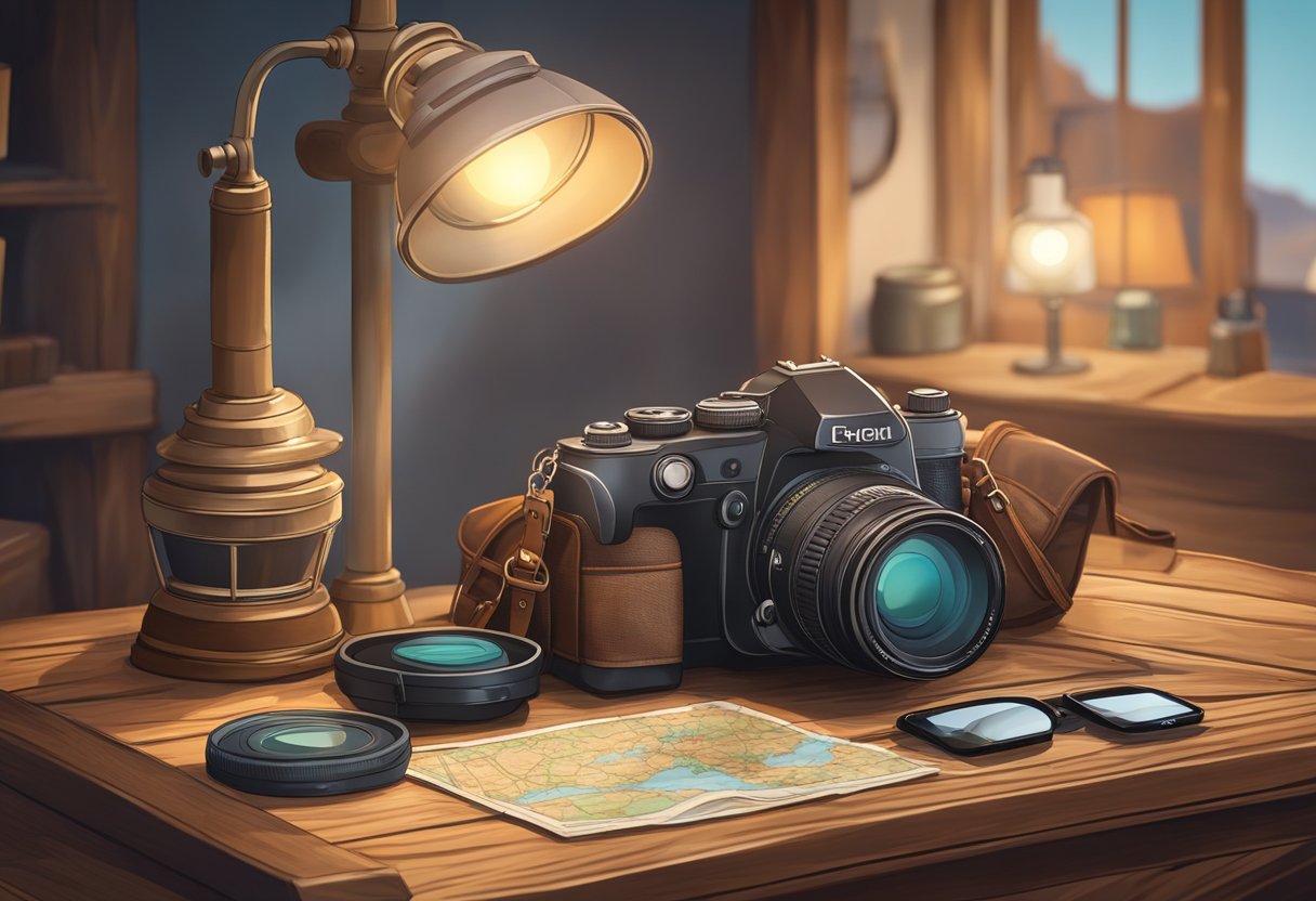 A camera bag rests on a rustic wooden table, surrounded by travel essentials and a map. The soft glow of a vintage lamp illuminates the scene