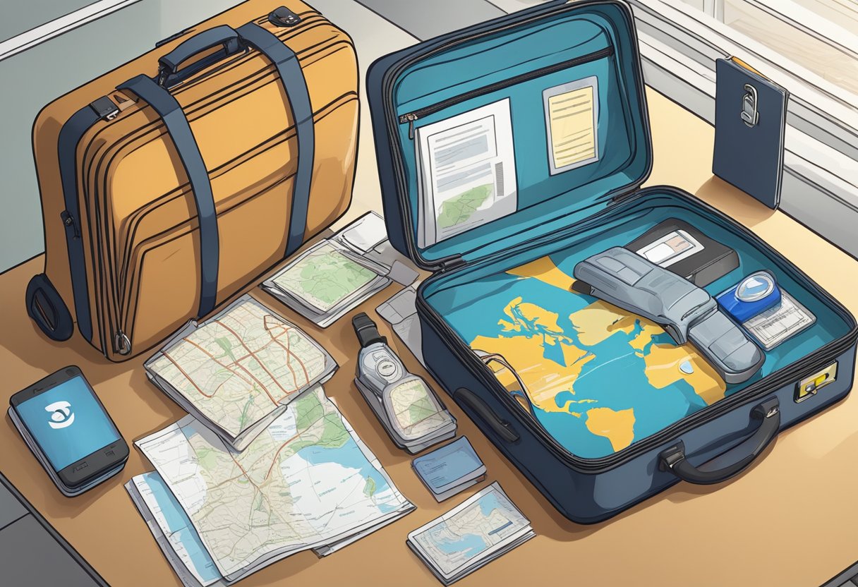 A suitcase sits beside a map and passport on a table. A flashlight, first aid kit, and emergency contact list are neatly arranged nearby