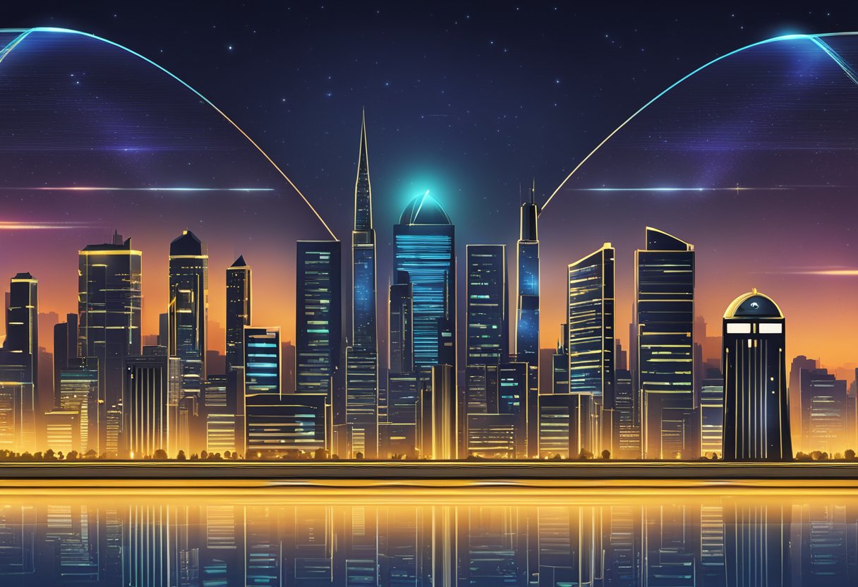 A city skyline with glowing lights and a computer screen displaying "Egipto Urban VPN" logo