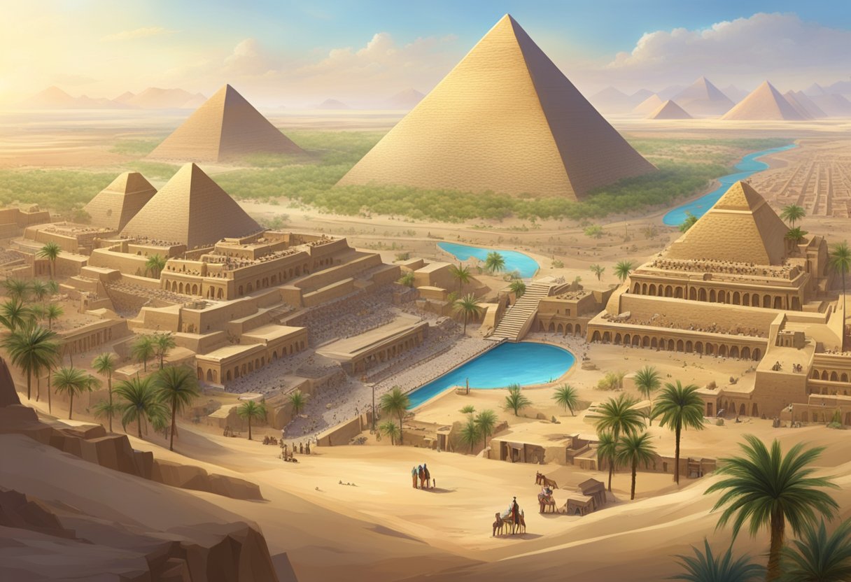 An ancient Egyptian city with towering pyramids, bustling markets, and winding streets, all surrounded by a vast desert landscape