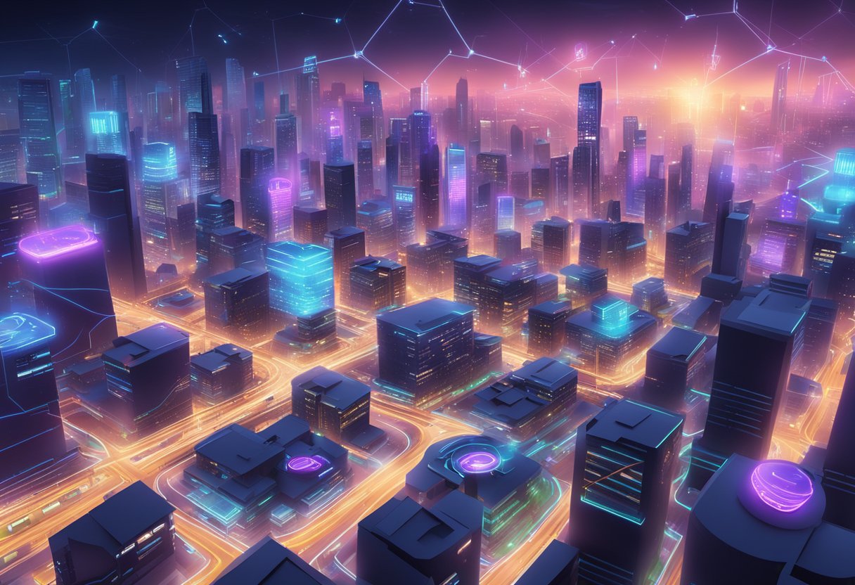 A bustling cityscape with modern buildings and glowing neon signs, surrounded by a network of digital data streams and encrypted security symbols