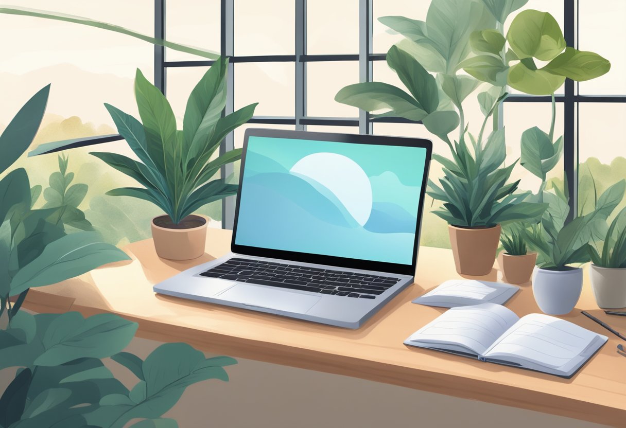 A serene setting with a laptop and notebook, surrounded by plants and natural light, symbolizing growth and potential for a new business in health and wellness coaching