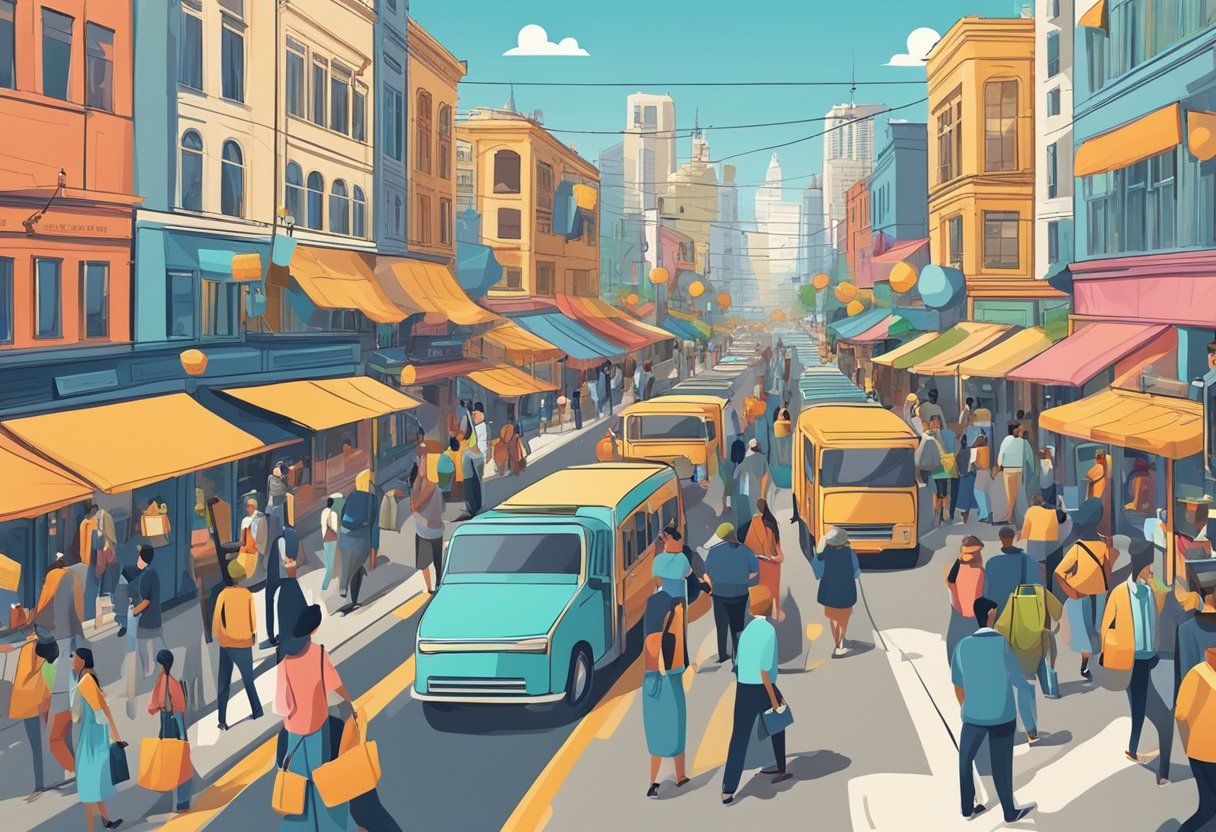 A crowded city street with various businesses and entrepreneurs showcasing their innovative products and services. The atmosphere is vibrant and bustling with energy as people explore the latest business ideas